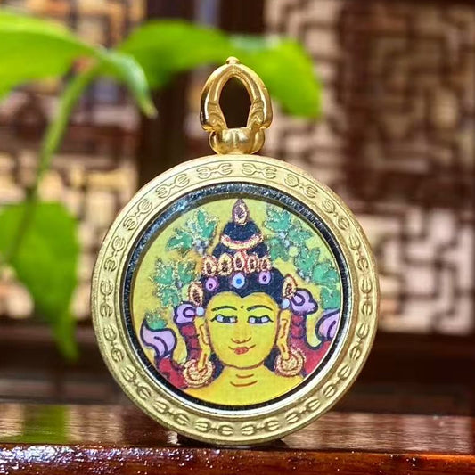 Hand-painted Manjushri Bodhisattva mini thangka pendant in a titanium steel circular Gau box, depicting the Buddhist deity of wisdom