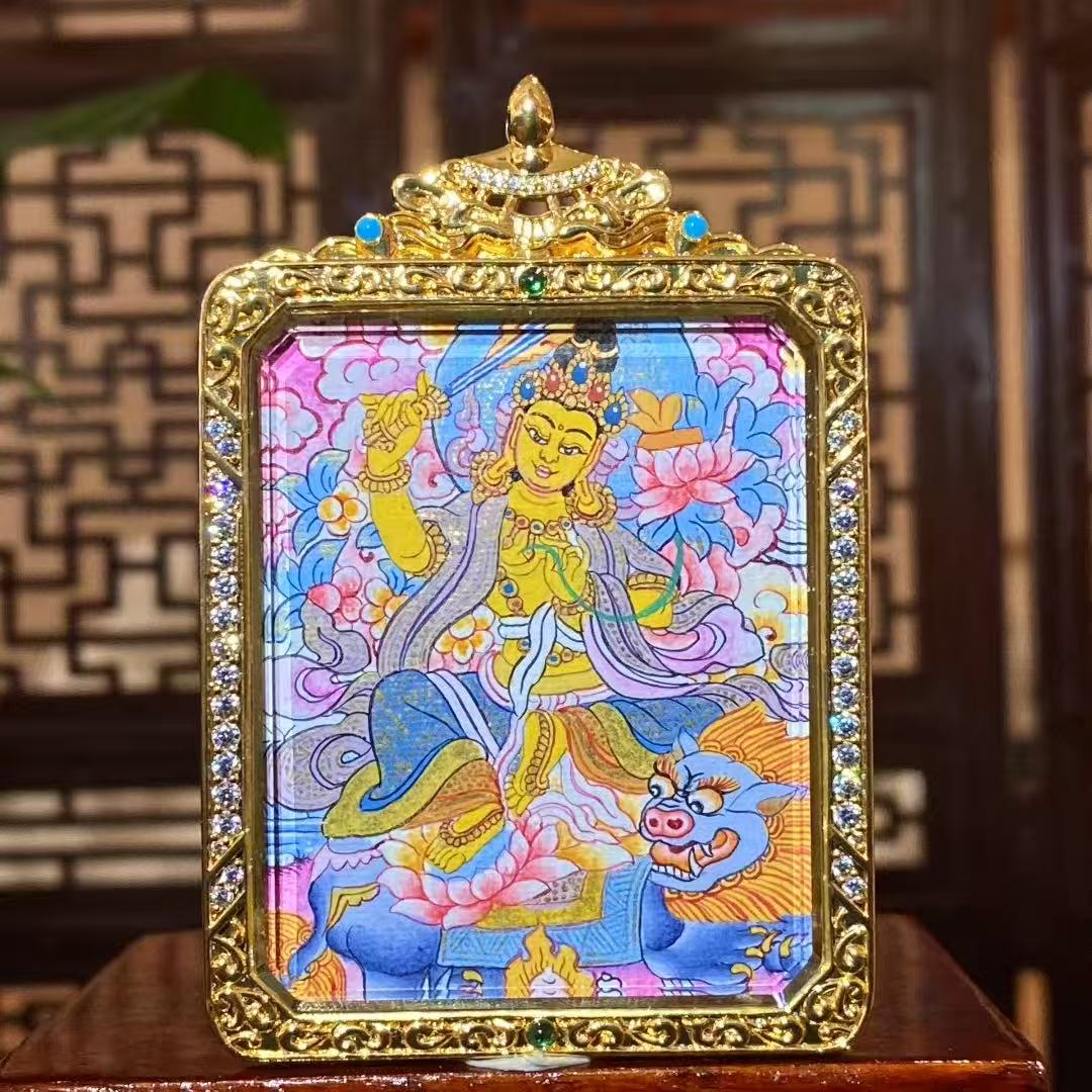 Hand-painted Manjushri Bodhisattva thangka pendant, symbol of wisdom, clarity, and removal of ignorance