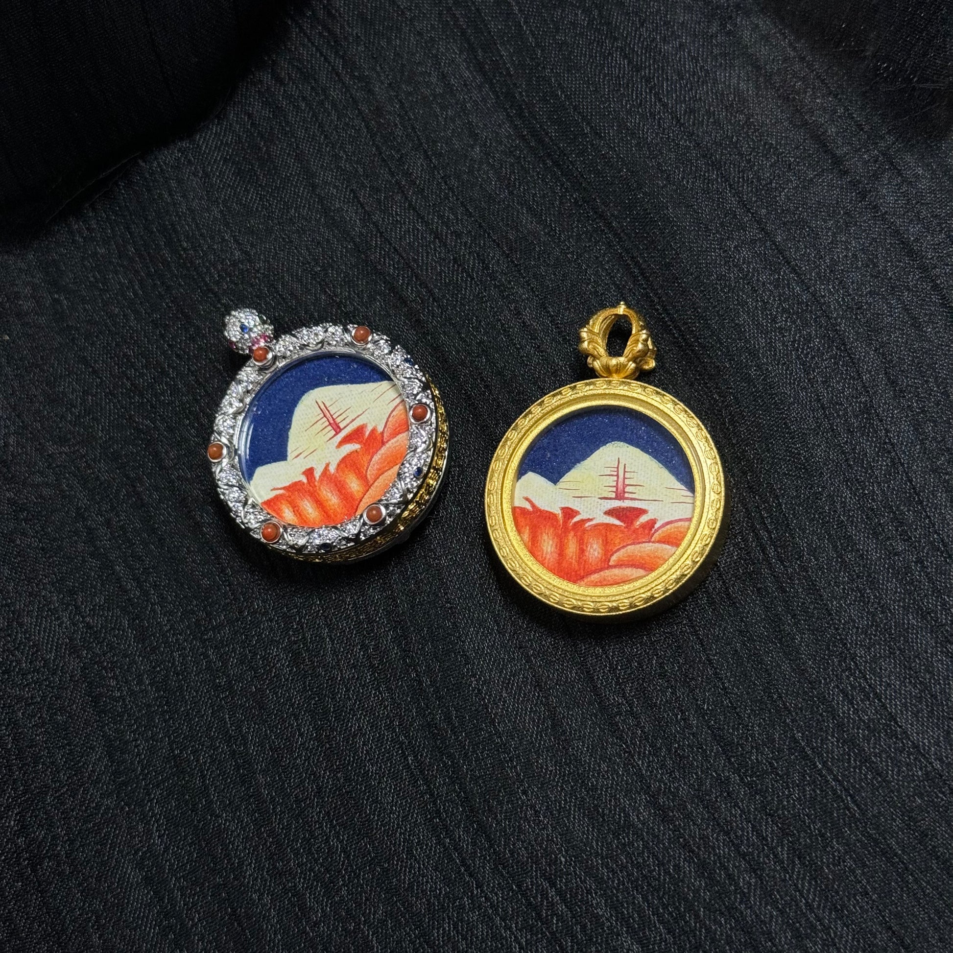 Mount Kailash Golden Summit miniature thangka pendant comparison, Rebgong hand-painted sacred mountain artwork with decorative jeweled frame and copper frame