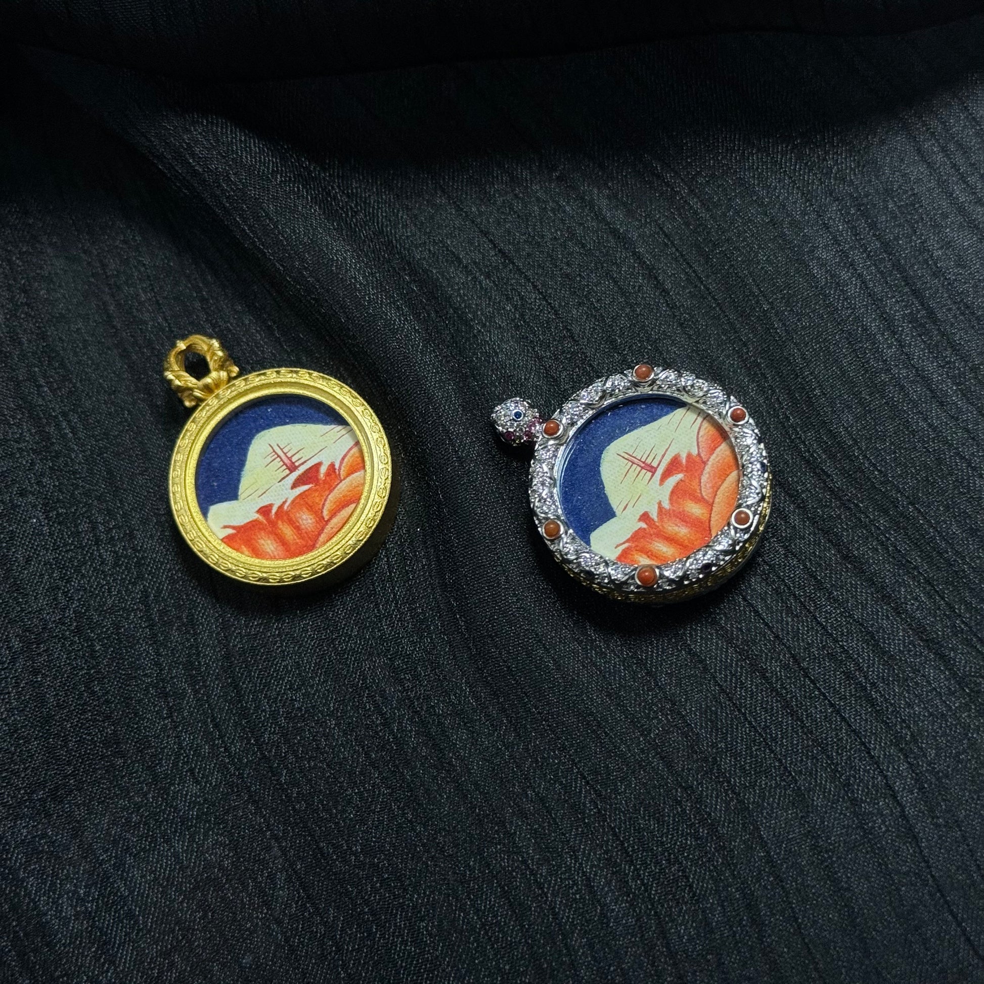 Close view of Mount Kailash Golden Summit mini thangka pendant version B with copper frame, hand-painted sacred mountain scene using mineral pigments and gold powder