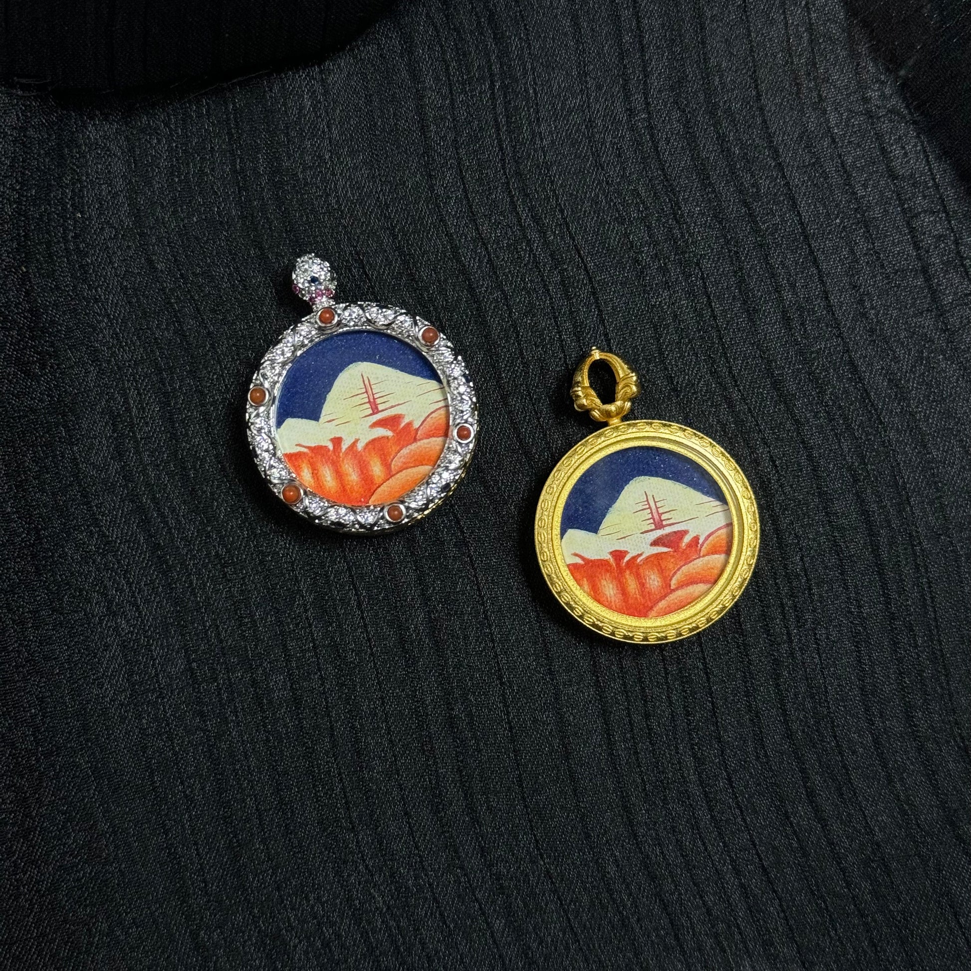 Mount Kailash Golden Summit mini thangka pendant version B displayed on dark fabric background, hand-painted Rebgong Himalayan sacred mountain artwork