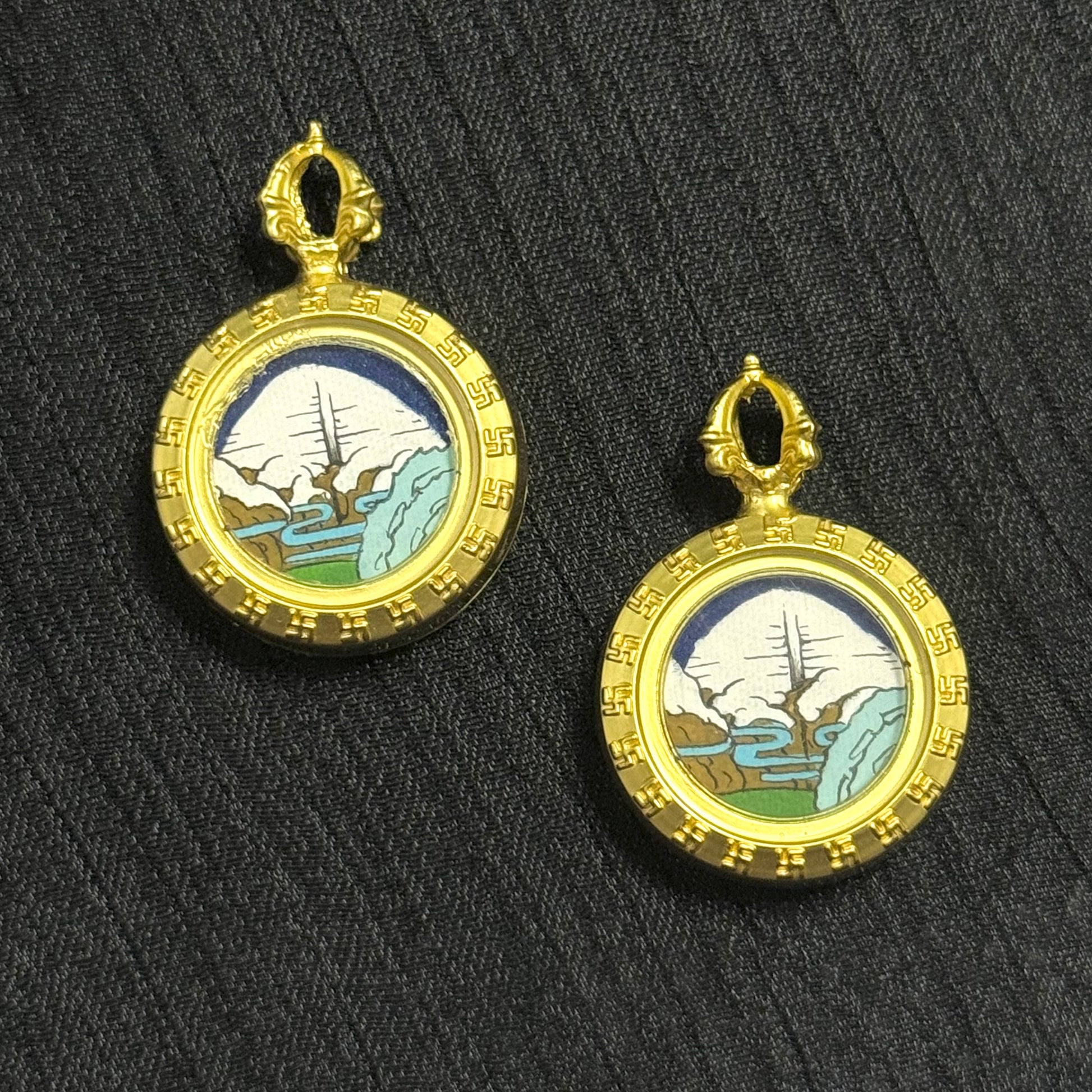 Mount Kailash Golden Summit mini thangka pendant, Rebgong hand-painted Himalayan sacred mountain artwork with gold frame, cultural Tibetan landscape pendant