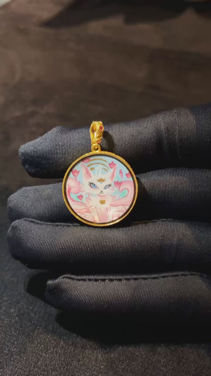 360-degree view of Fox Spirit (Hu Xian) and Peach Blossom Talisman Tibetan mini thangka pendant, double-sided hand-painted in 18K gold, crafted in Rebgong tradition with sapphire crystal gau box