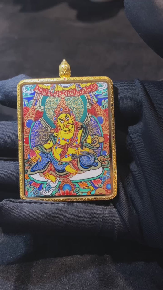 Yellow Jambhala and Green Tara double-sided Gau Thangka pendant presented in a premium gift box, a refined Himalayan spiritual jewelry piece