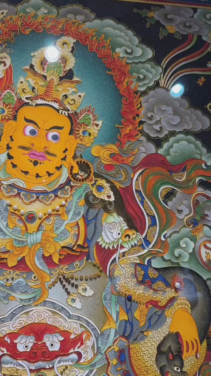 Large Rebgong gemstone-pigment Thangka depicting Vaishravana, the Wealth Guardian King, hand-painted with natural mineral pigments and framed in solid pear wood, showcasing traditional Himalayan Buddhist craftsmanship