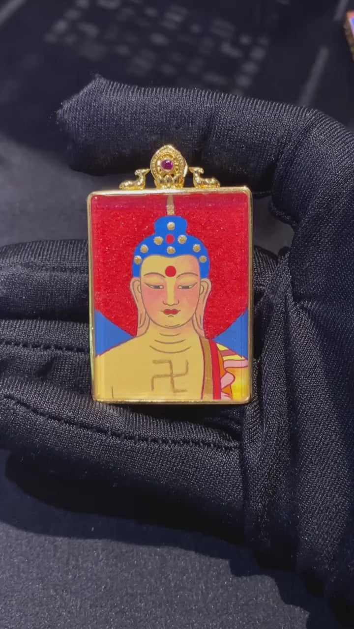 Amitabha Buddha Hand-Painted Thangka Gau Pendant – Gold-Plated Copper (33×43mm)