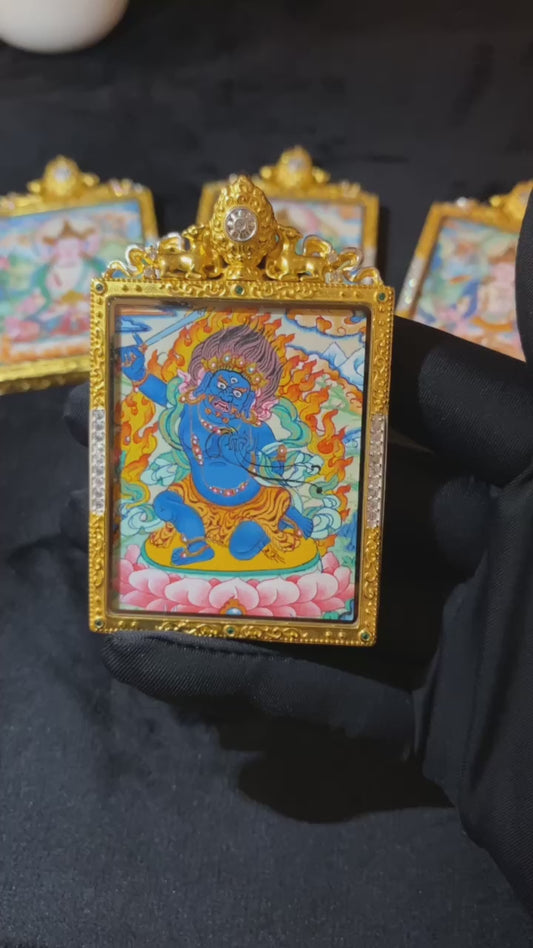 Video for Amitabha Buddha Hand-Painted Thangka Gau Pendant – Gold-Plated Copper, Four-Sided Mandala (55×46mm)