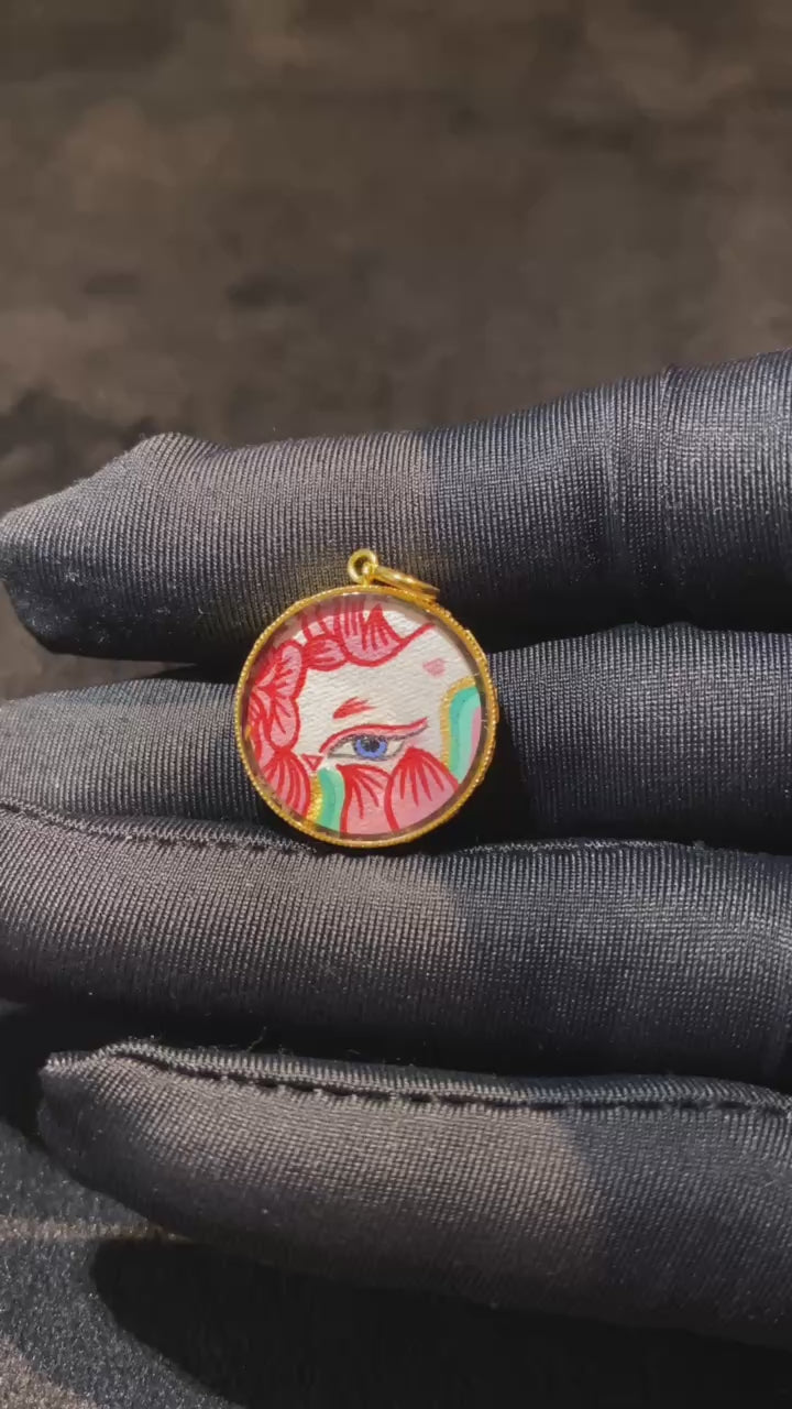 Close-up and wearing view of Fox Spirit Tibetan mini thangka charm, single-sided hand-painted in 18K gold, designed for bracelets and necklaces