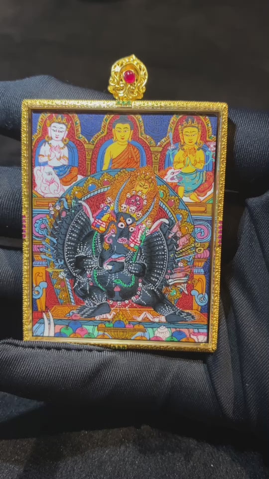 360-degree view of Yellow Jambhala and Yamantaka double-sided Gau Thangka pendant in 18K gold, hand-painted Rebgong art with sapphire crystal mirror