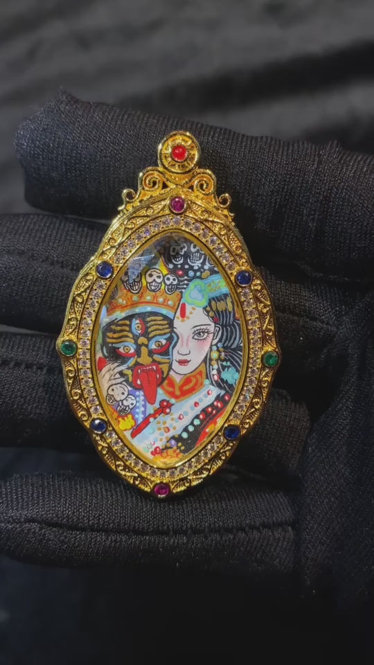 Video for Pure hand-painted Zaki Lhamo thangka pendant in a sculpted copper gau box. 