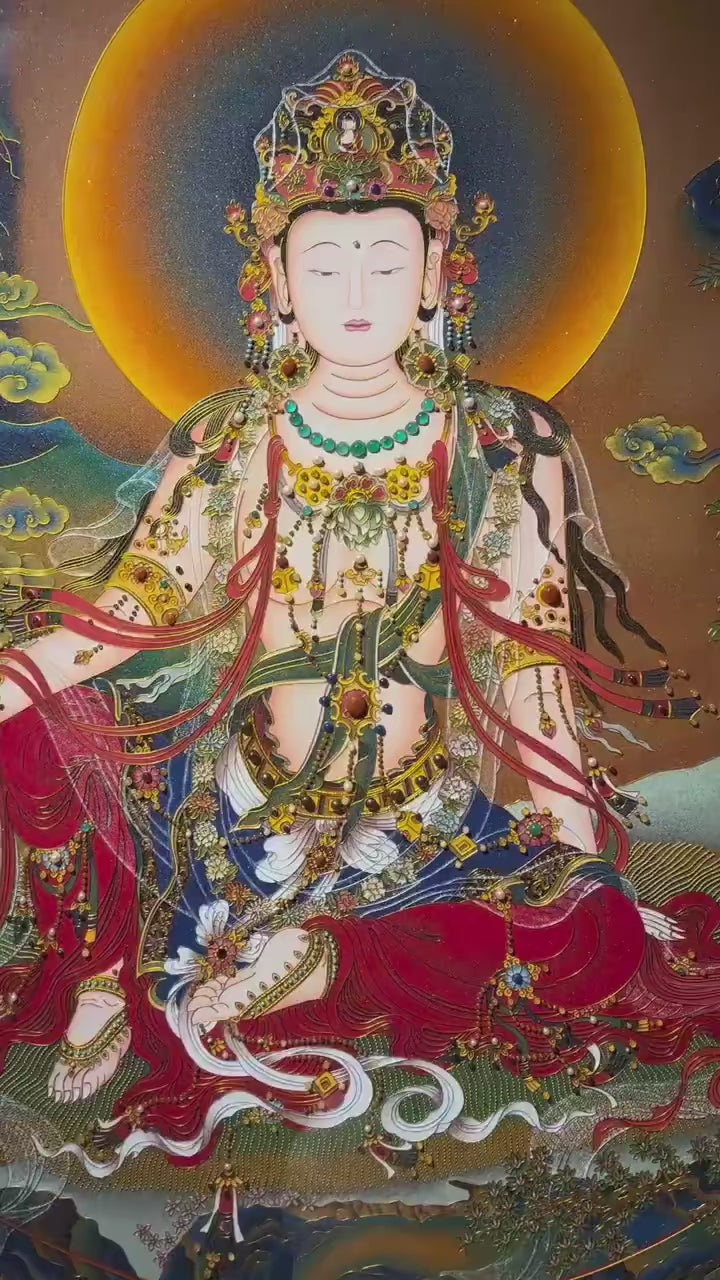 Video showcasing a large Water Moon Avalokiteshvara (Shuiyue Guanyin) Rebgong thangka, hand-painted with pure natural gemstone mineral pigments and presented in a solid pear wood frame