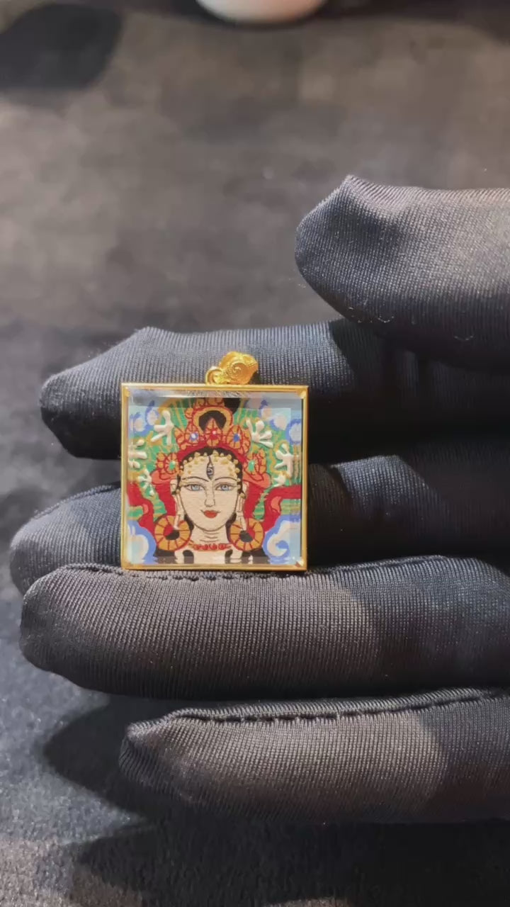 360-degree view of White Tara Tibetan mini thangka pendant with Utpala Flower symbolism, double-sided hand-painted in 18K gold, crafted in Rebgong tradition