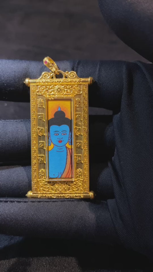 360-degree view of Medicine Buddha and Guru Rinpoche Tibetan scroll thangka pendant, double-sided hand-painted in 18K gold, crafted in Rebgong tradition