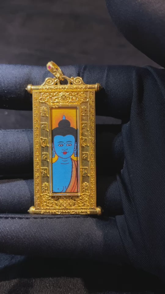 360-degree view of Medicine Buddha and Guru Rinpoche Tibetan scroll thangka pendant, double-sided hand-painted in 18K gold, crafted in Rebgong tradition