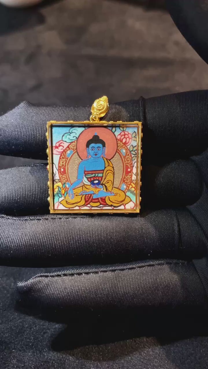 Medicine Buddha & Haritaki Tibetan Thangka Pendant – 18K Gold Double-Sided