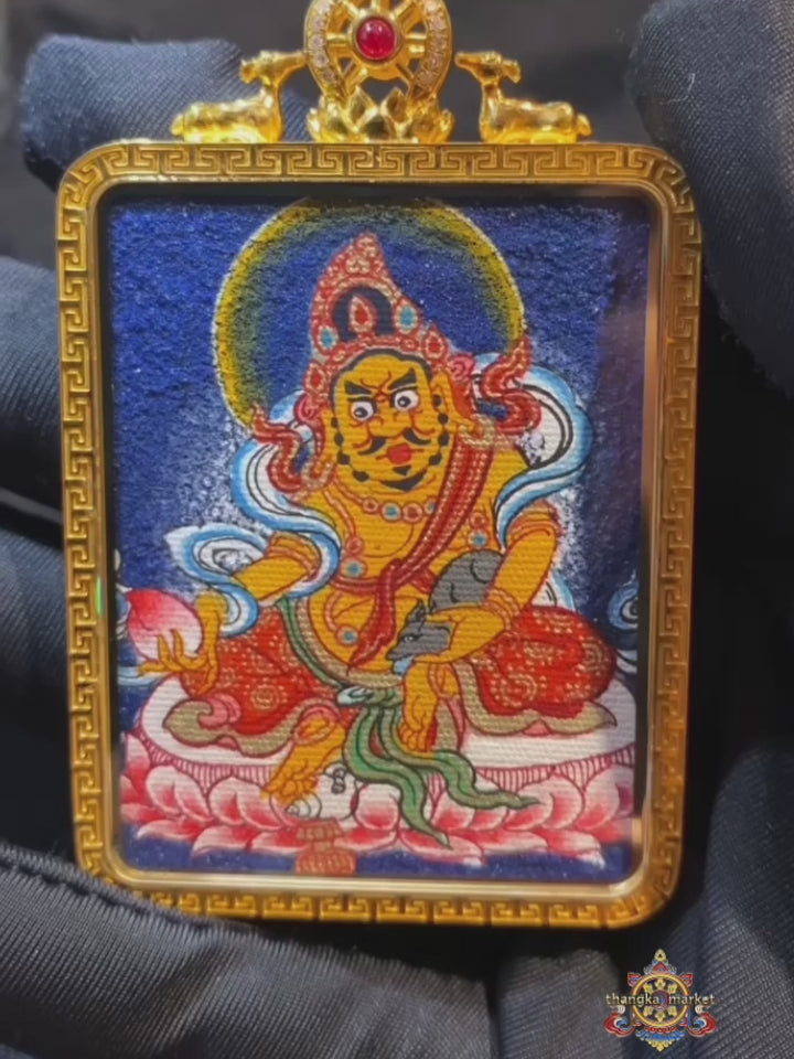 Yellow Jambhala and Green Tara double-sided Gau Thangka pendant presented in a premium gift box, a refined Himalayan spiritual jewelry piece