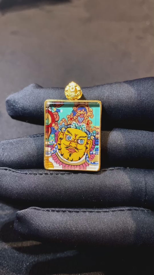 Green Tara & Yellow Jambhala Double-Sided Gau Thangka Pendant – 18K Gold Himalayan Sacred Art