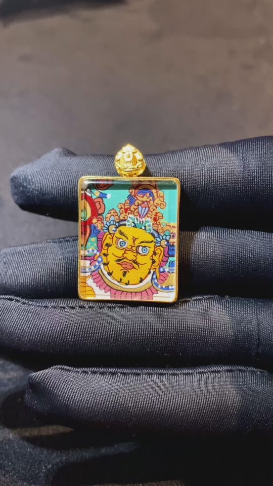 Green Tara & Yellow Jambhala Double-Sided Gau Thangka Pendant – 18K Gold Himalayan Sacred Art