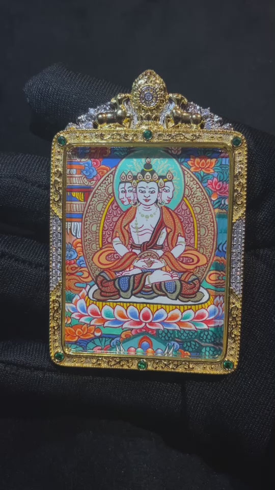 Hand-painted Yellow Jambhala mini Thangka pendant in a gilded copper Gau box, showing front, side, and detail views of the Tibetan God of Wealth amulet