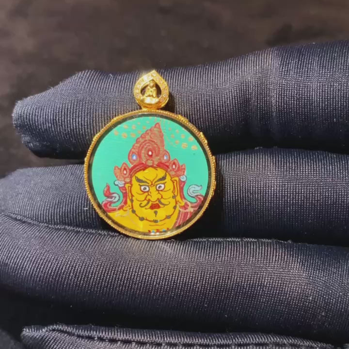360-degree view of Yellow Jambhala and Wealth-Spouting Mouse double-sided Gau Thangka pendant in 18K gold, hand-painted Rebgong art with sapphire crystal mirror, circular 21mm design