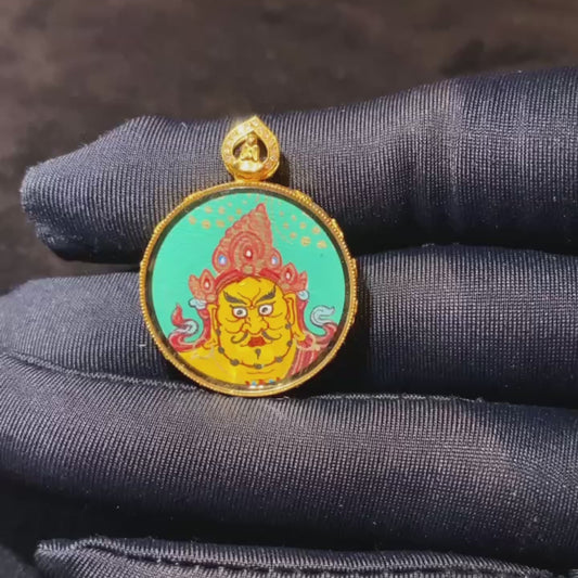 360-degree view of Yellow Jambhala and Wealth-Spouting Mouse double-sided Gau Thangka pendant in 18K gold, hand-painted Rebgong art with sapphire crystal mirror, circular 21mm design